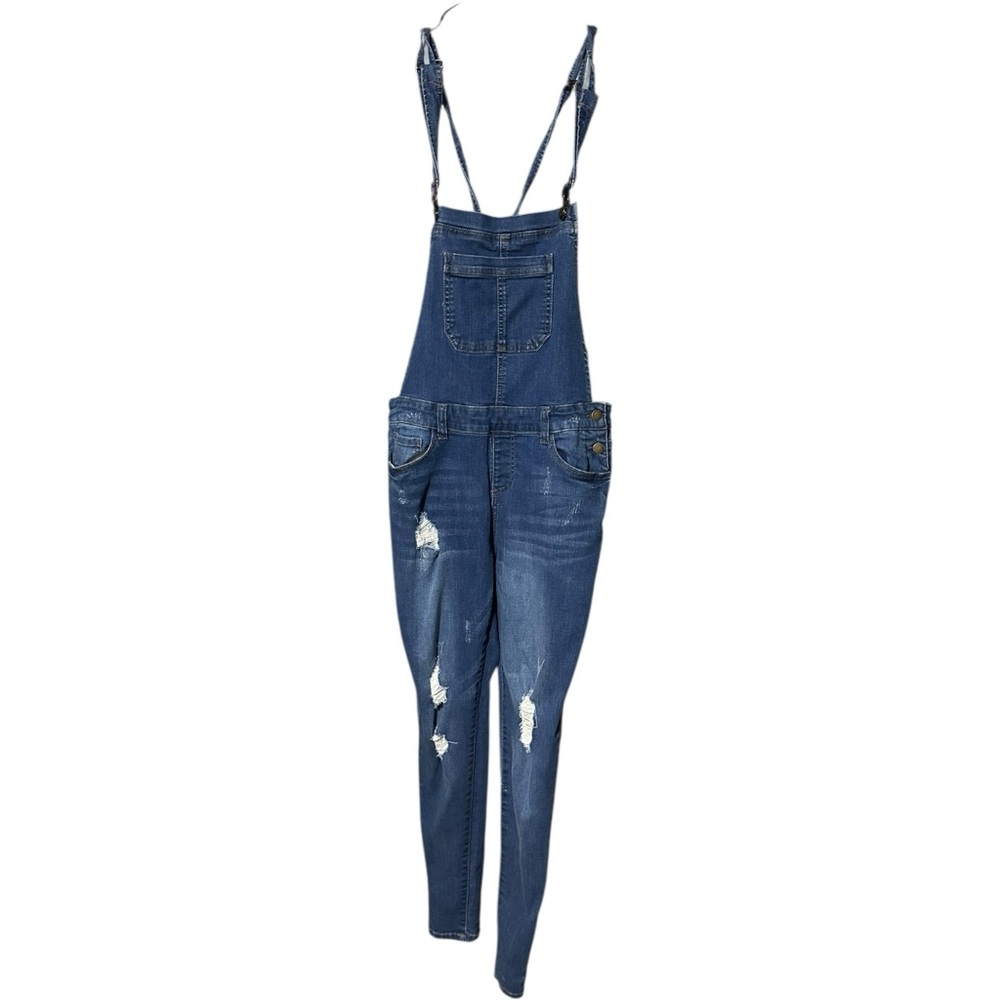 Wax Jean Distressed Denim Overalls Dark Wash Blue Size Large - Picture 2 of 5